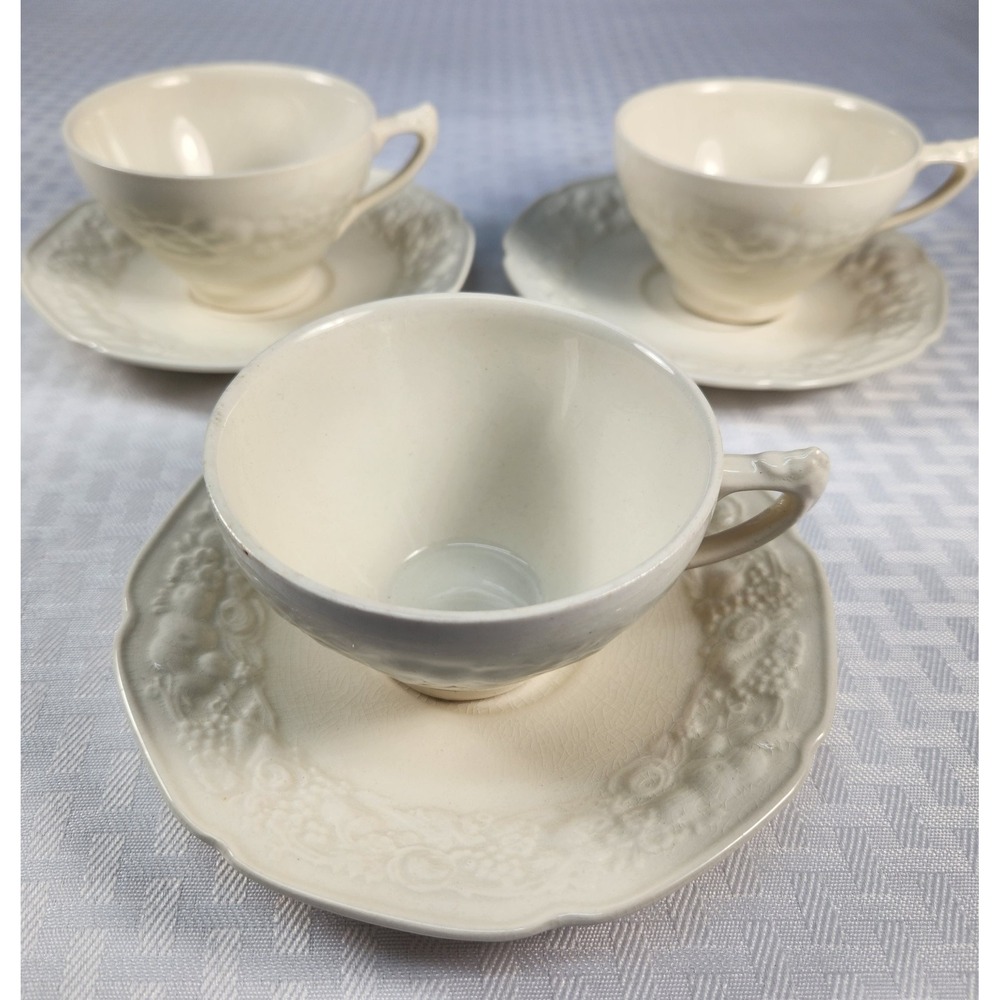 Vintage Crown Ducal Florentine Cream Teacups Saucers Embossed Fruit Floral 3Sets